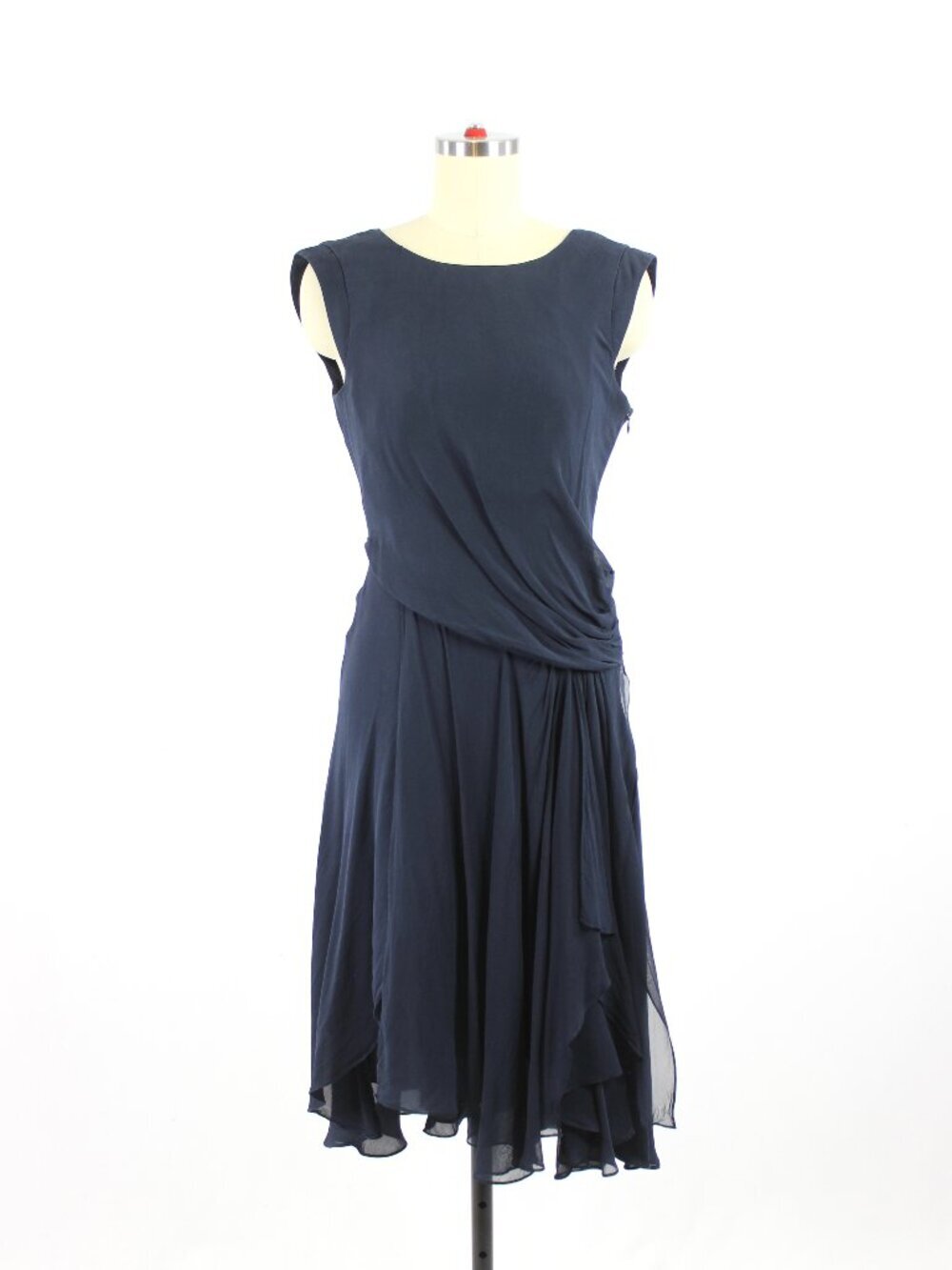 HAUTE HIPPIE Navy Blue 100% Silk Chiffon Asymmetrical Ruffle Dress, Size 0